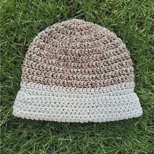 Handmade White & Brown Knit Toque Beanie